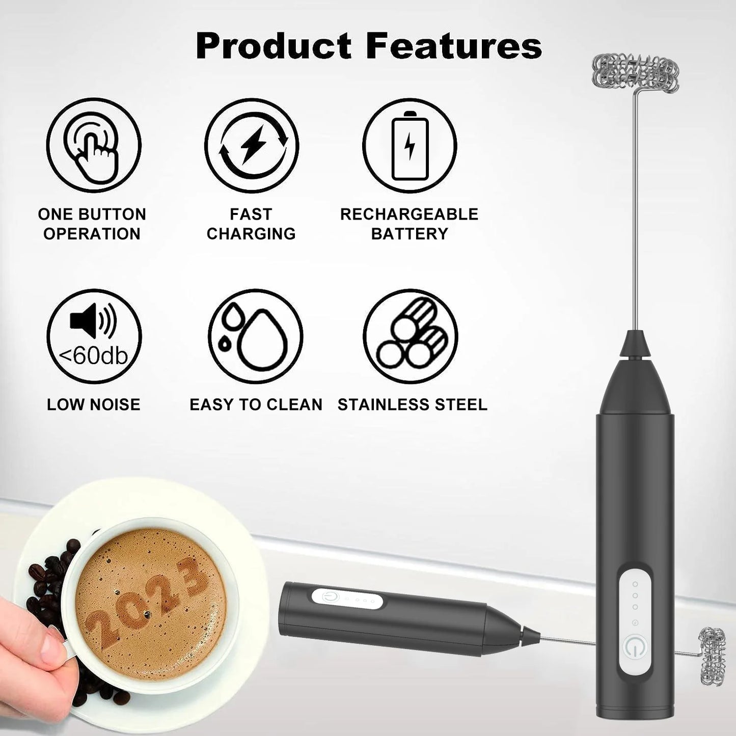 Mini Milk Frother USB Rechargeable – 3-Speed Electric Foam Maker