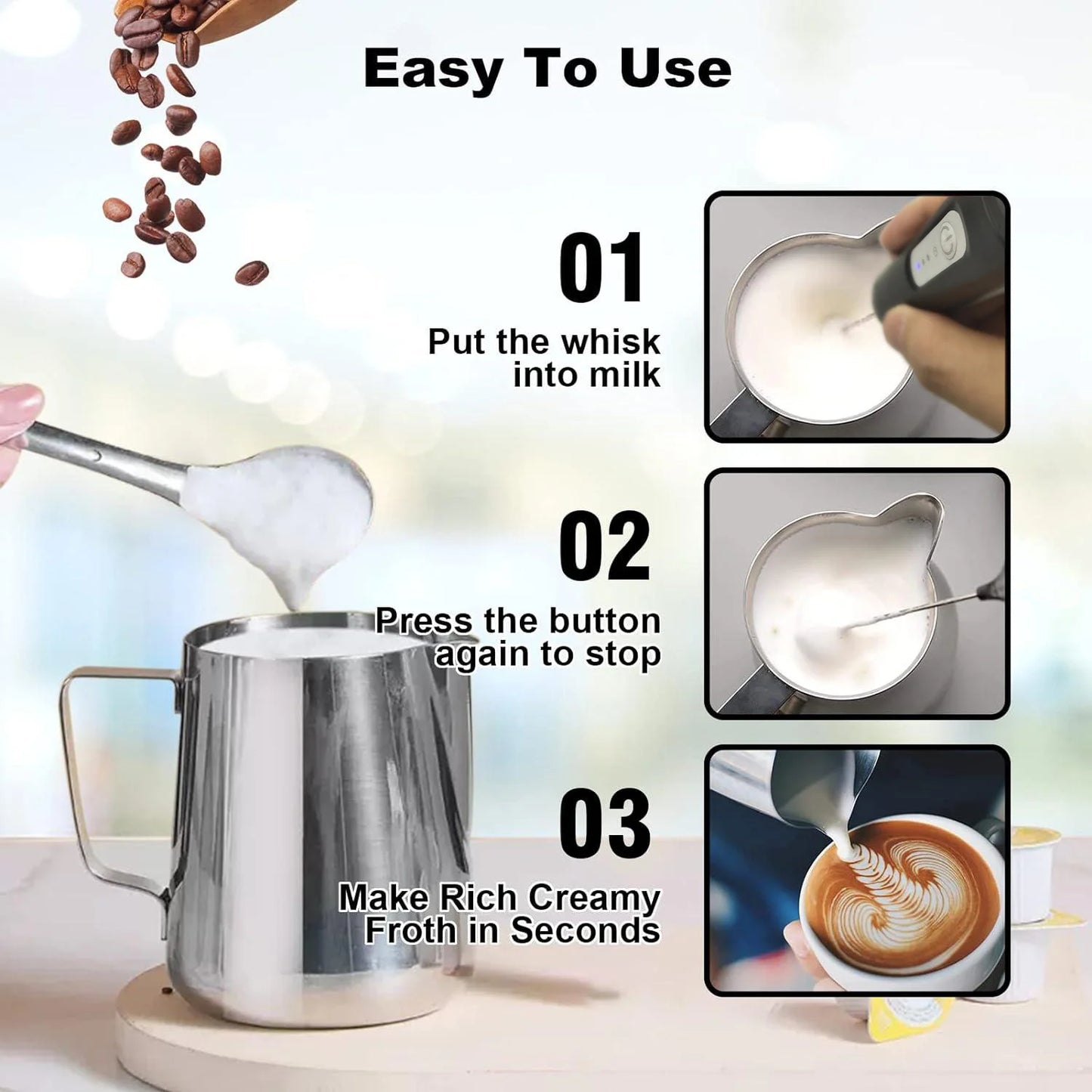 Mini Milk Frother USB Rechargeable – 3-Speed Electric Foam Maker